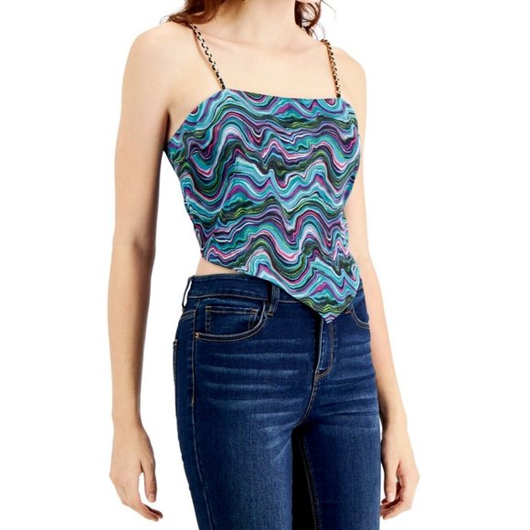 Just Polly Juniors Tie Back Scarf Top Chain Waves Blue Green Size Medium - Picture 2 of 2